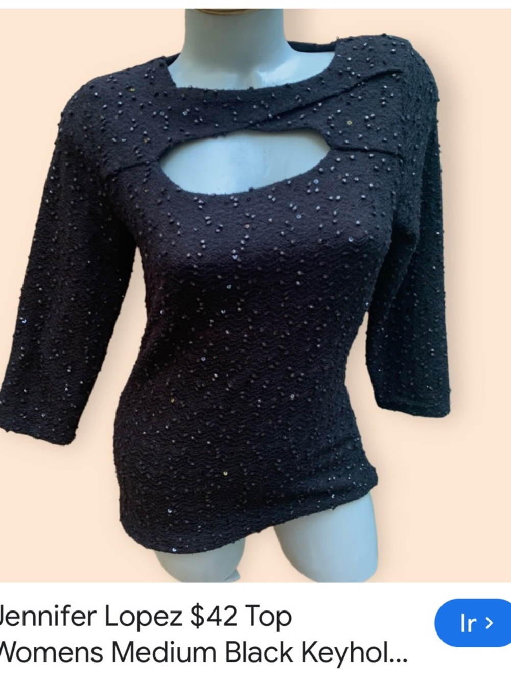 Jennifer Lopez Black Beaded Keyhole Knit Top